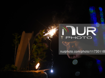 A boy smiles while holding sparklers during Laxmi Puja as part of the Tihar or Deepawali and Diwali celebrations in Kathmandu, Nepal, on Nov...