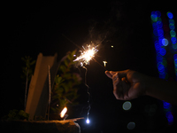 A boy smiles while holding sparklers during Laxmi Puja as part of the Tihar or Deepawali and Diwali celebrations in Kathmandu, Nepal, on Nov...