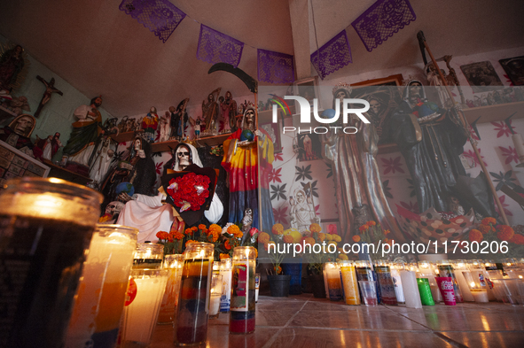 An image of Santa Muerte is seen inside the temple in the municipality of Pedro Escobedo during the annual celebrations. Every year on Novem...