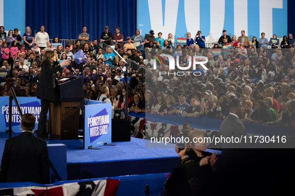 Vice President Kamala Harris speaks at a get out the vote rally in Harrisburg, PA, on October 30, 2024.  Harris and her running mate, Minnes...