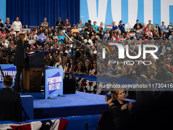 Vice President Kamala Harris speaks at a get out the vote rally in Harrisburg, PA, on October 30, 2024.  Harris and her running mate, Minnes...