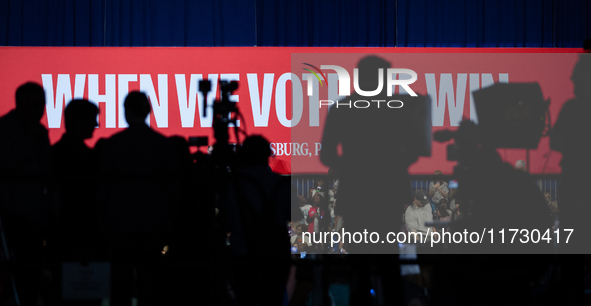 Members of the press await Vice President Kamala Harris' remarks at a get out the vote rally in Harrisburg, PA, on October 30, 2024.  Harris...