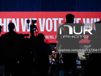 Members of the press await Vice President Kamala Harris' remarks at a get out the vote rally in Harrisburg, PA, on October 30, 2024.  Harris...