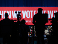 Members of the press await Vice President Kamala Harris' remarks at a get out the vote rally in Harrisburg, PA, on October 30, 2024.  Harris...