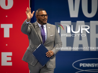 Pennsylvania Lt. Governor Austin Davis (D) delivers remarks at a get out the vote rally for Vice President Kamala Harris in Harrisburg, PA,...