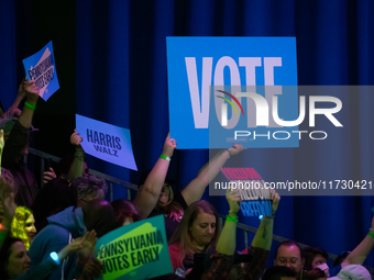 People cheer Vice President Kamala Harris at a get out the vote rally in Harrisburg, PA, on October 30, 2024.  Harris and her running mate,...