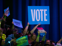 People cheer Vice President Kamala Harris at a get out the vote rally in Harrisburg, PA, on October 30, 2024.  Harris and her running mate,...