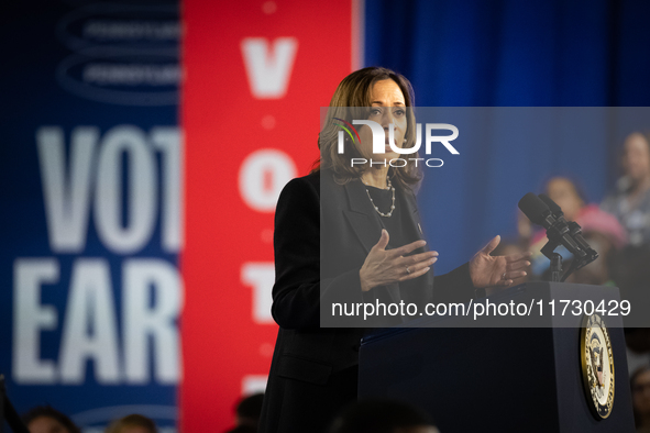 Vice President Kamala Harris speaks during a get out the vote rally in Harrisburg, PA, on October 30, 2024.  Harris and her running mate, Mi...