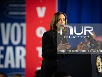 Vice President Kamala Harris speaks during a get out the vote rally in Harrisburg, PA, on October 30, 2024.  Harris and her running mate, Mi...