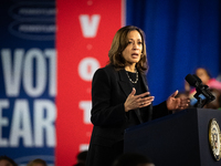 Vice President Kamala Harris speaks during a get out the vote rally in Harrisburg, PA, on October 30, 2024.  Harris and her running mate, Mi...