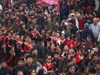 The Nepali ethnic Newa: community dons traditional attire and plays musical instruments while participating in a parade to celebrate 'Nepal...