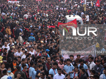 The Nepali ethnic Newa: community dons traditional attire and plays musical instruments while participating in a parade to celebrate 'Nepal...