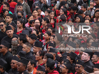 The Nepali ethnic Newa: community dons traditional attire and plays musical instruments while participating in a parade to celebrate 'Nepal...