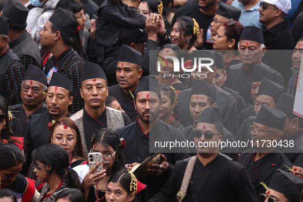 The Nepali ethnic Newa: community dons traditional attire and plays musical instruments while participating in a parade to celebrate 'Nepal...