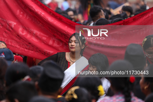 The Nepali ethnic Newa: community dons traditional attire and plays musical instruments while participating in a parade to celebrate 'Nepal...