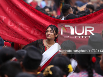 The Nepali ethnic Newa: community dons traditional attire and plays musical instruments while participating in a parade to celebrate 'Nepal...