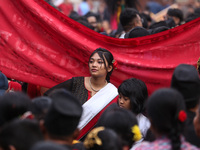 The Nepali ethnic Newa: community dons traditional attire and plays musical instruments while participating in a parade to celebrate 'Nepal...