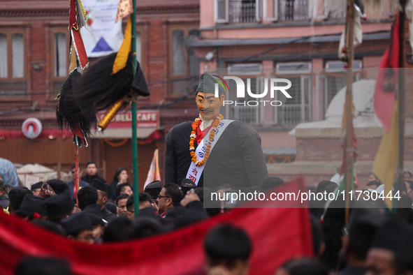 The Nepali ethnic Newa: community dons traditional attire and plays musical instruments while participating in a parade to celebrate 'Nepal...