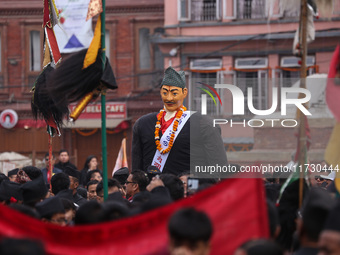 The Nepali ethnic Newa: community dons traditional attire and plays musical instruments while participating in a parade to celebrate 'Nepal...