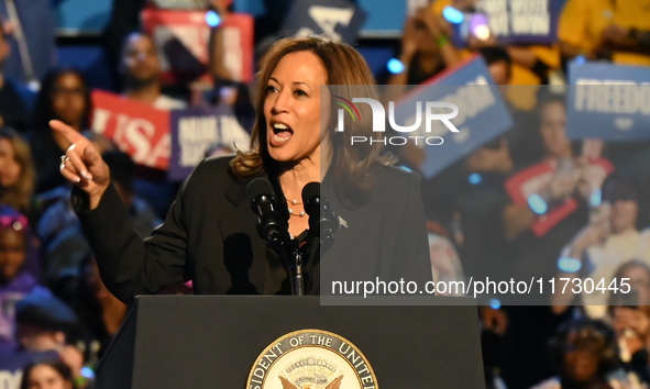 Vice President of the United States Kamala Harris delivers remarks at a campaign rally at Wisconsin State Fair Park Exposition Center in Wes...