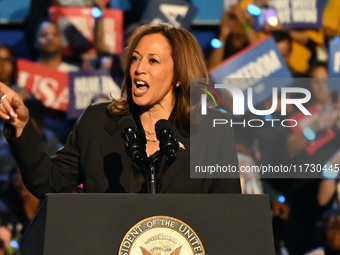 Vice President of the United States Kamala Harris delivers remarks at a campaign rally at Wisconsin State Fair Park Exposition Center in Wes...