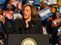 Vice President of the United States Kamala Harris delivers remarks at a campaign rally at Wisconsin State Fair Park Exposition Center in Wes...