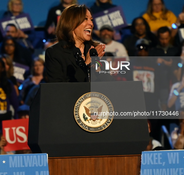 Vice President of the United States Kamala Harris delivers remarks at a campaign rally at Wisconsin State Fair Park Exposition Center in Wes...