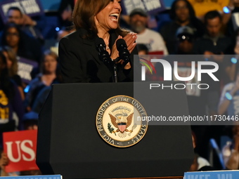 Vice President of the United States Kamala Harris delivers remarks at a campaign rally at Wisconsin State Fair Park Exposition Center in Wes...