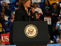 Vice President of the United States Kamala Harris delivers remarks at a campaign rally at Wisconsin State Fair Park Exposition Center in Wes...