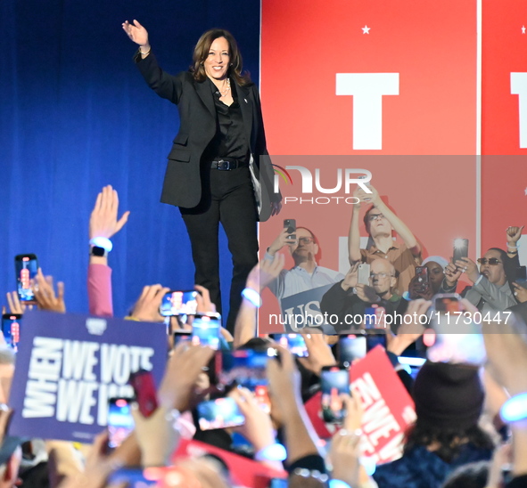 Vice President of the United States Kamala Harris is on stage at a campaign rally at Wisconsin State Fair Park Exposition Center in West All...