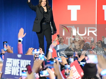 Vice President of the United States Kamala Harris is on stage at a campaign rally at Wisconsin State Fair Park Exposition Center in West All...