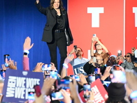 Vice President of the United States Kamala Harris is on stage at a campaign rally at Wisconsin State Fair Park Exposition Center in West All...