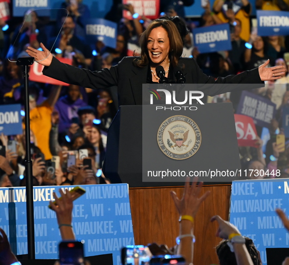 Vice President of the United States Kamala Harris delivers remarks at a campaign rally at Wisconsin State Fair Park Exposition Center in Wes...