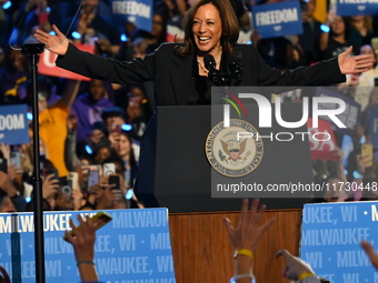 Vice President of the United States Kamala Harris delivers remarks at a campaign rally at Wisconsin State Fair Park Exposition Center in Wes...