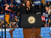 Vice President of the United States Kamala Harris delivers remarks at a campaign rally at Wisconsin State Fair Park Exposition Center in Wes...