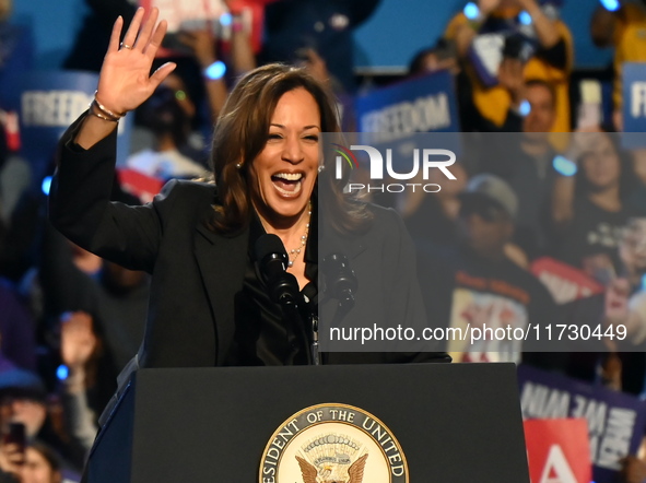 Vice President of the United States Kamala Harris delivers remarks at a campaign rally at Wisconsin State Fair Park Exposition Center in Wes...