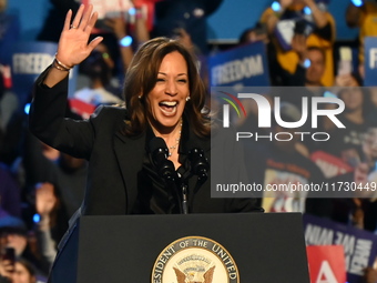 Vice President of the United States Kamala Harris delivers remarks at a campaign rally at Wisconsin State Fair Park Exposition Center in Wes...