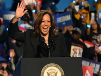 Vice President of the United States Kamala Harris delivers remarks at a campaign rally at Wisconsin State Fair Park Exposition Center in Wes...