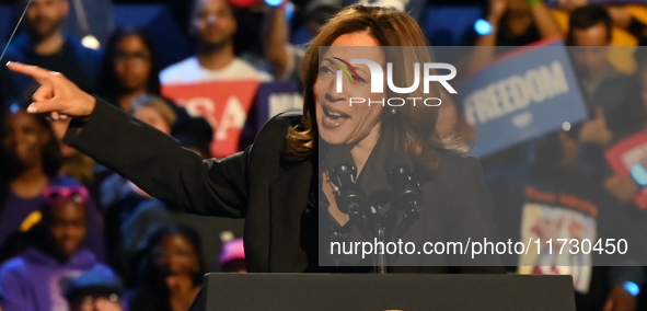 Vice President of the United States Kamala Harris delivers remarks at a campaign rally at Wisconsin State Fair Park Exposition Center in Wes...