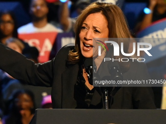 Vice President of the United States Kamala Harris delivers remarks at a campaign rally at Wisconsin State Fair Park Exposition Center in Wes...