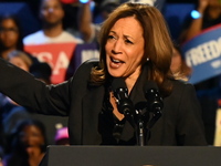 Vice President of the United States Kamala Harris delivers remarks at a campaign rally at Wisconsin State Fair Park Exposition Center in Wes...