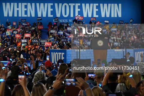 Vice President of the United States Kamala Harris delivers remarks at a campaign rally at Wisconsin State Fair Park Exposition Center in Wes...