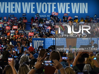 Vice President of the United States Kamala Harris delivers remarks at a campaign rally at Wisconsin State Fair Park Exposition Center in Wes...