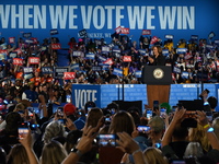 Vice President of the United States Kamala Harris delivers remarks at a campaign rally at Wisconsin State Fair Park Exposition Center in Wes...