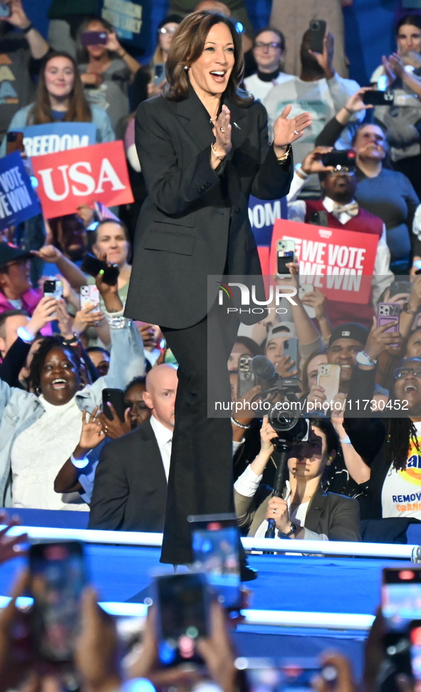 Vice President of the United States Kamala Harris is on stage at a campaign rally at Wisconsin State Fair Park Exposition Center in West All...