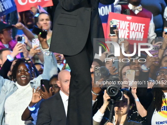 Vice President of the United States Kamala Harris is on stage at a campaign rally at Wisconsin State Fair Park Exposition Center in West All...