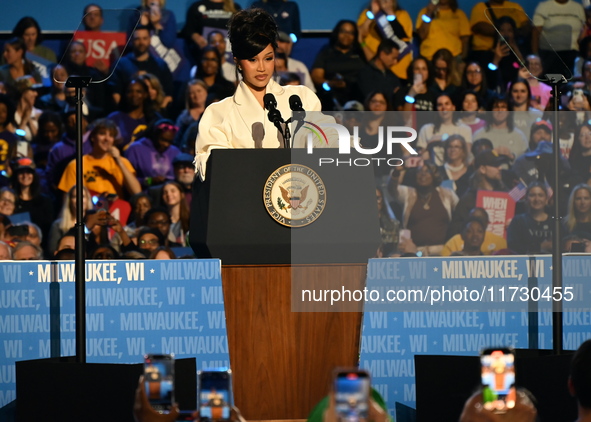 Belcalis Marlenis Cephus, known professionally as Cardi B (shown), an American rapper and songwriter, speaks at a campaign rally supporting...