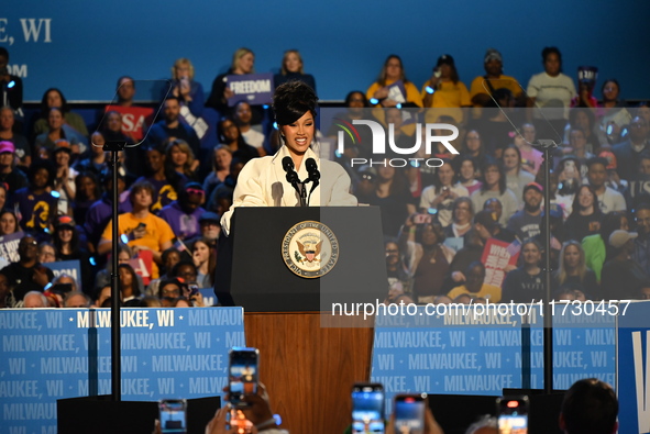 Belcalis Marlenis Cephus, known professionally as Cardi B (shown), an American rapper and songwriter, speaks at a campaign rally supporting...