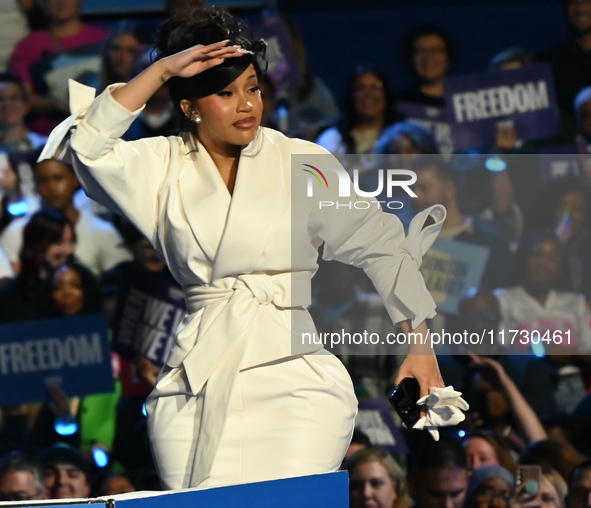 Belcalis Marlenis Cephus, known professionally as Cardi B, an American rapper and songwriter, is on stage at a campaign rally supporting Vic...