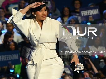 Belcalis Marlenis Cephus, known professionally as Cardi B, an American rapper and songwriter, is on stage at a campaign rally supporting Vic...